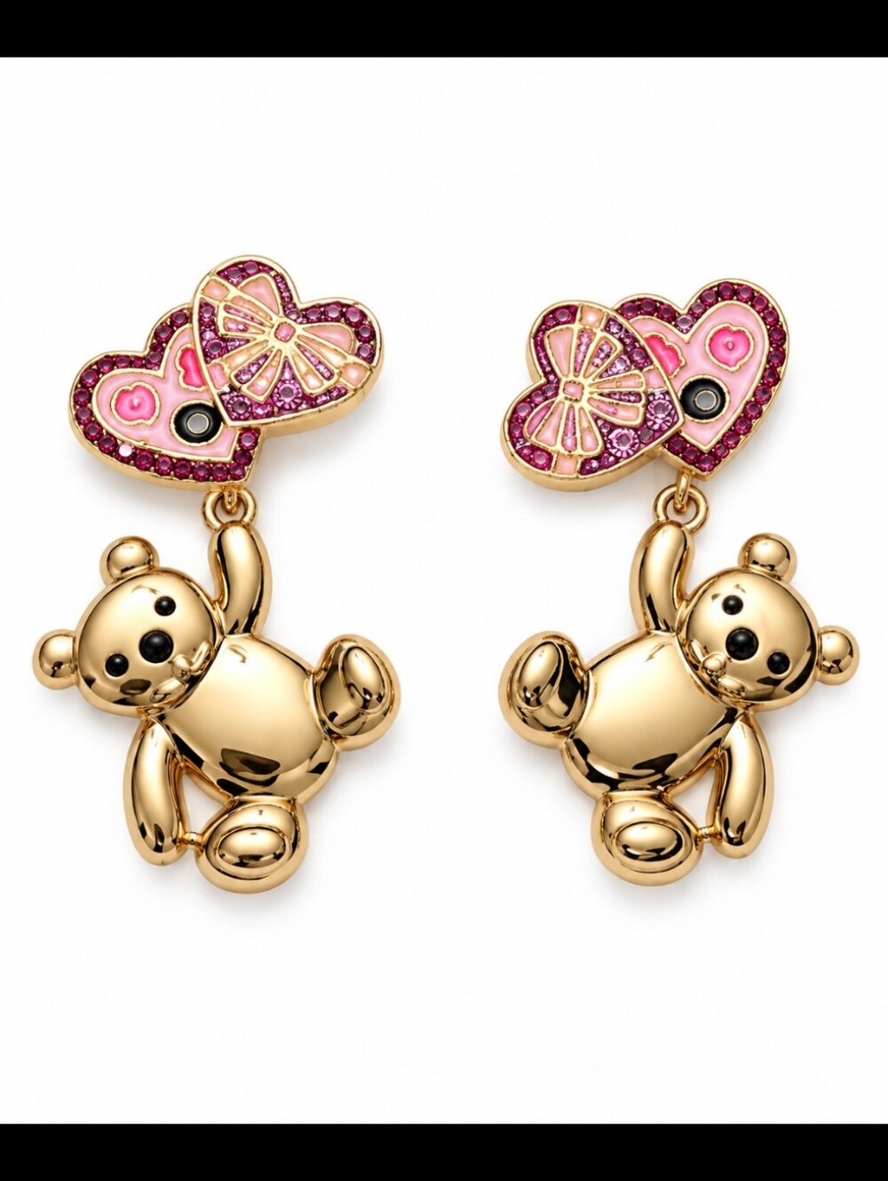 BaubleBar Gold Teddy Bear Earrings with Pink Heart Tops